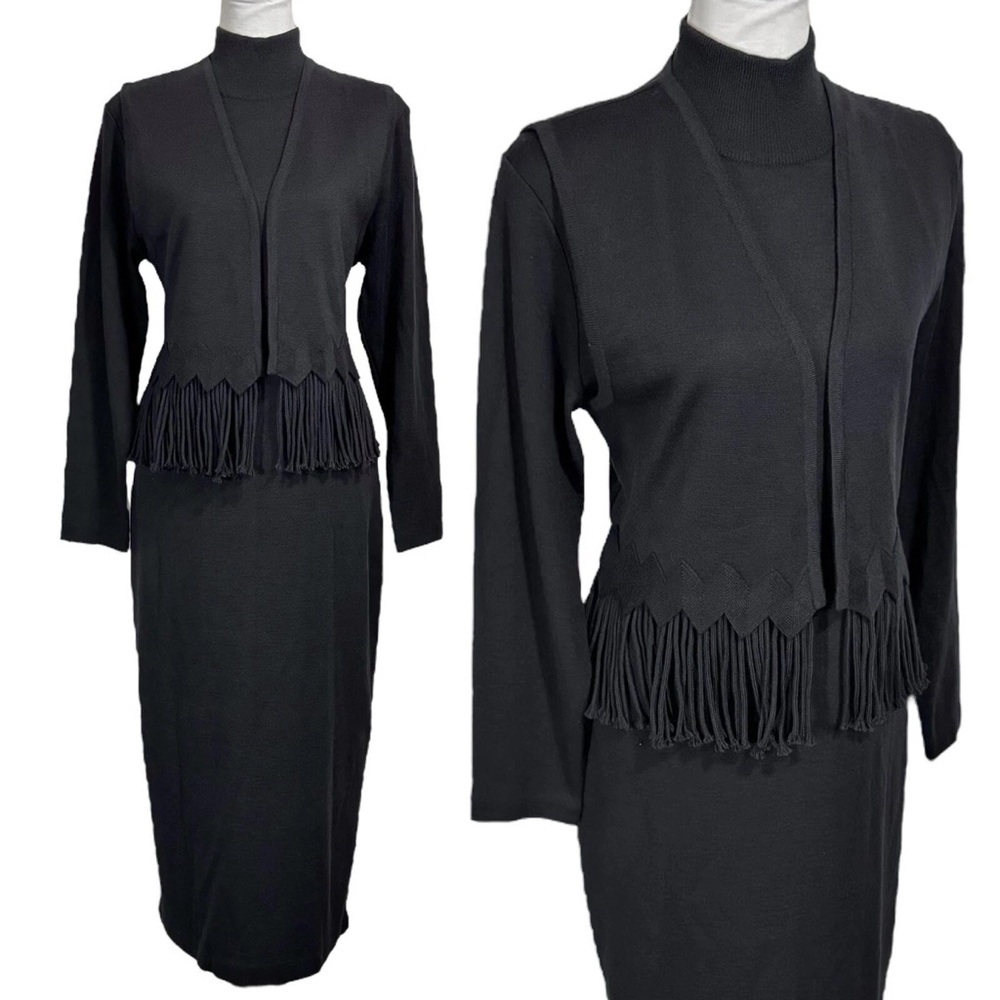Vintage Maggy London black mock neck knit bodycon midi dress with fringe vest XS